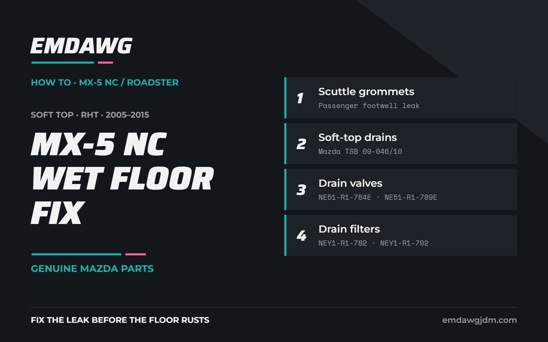 MX-5 NC wet floor fix: scuttle grommets, soft-top drains and genuine Mazda drain valves and filters