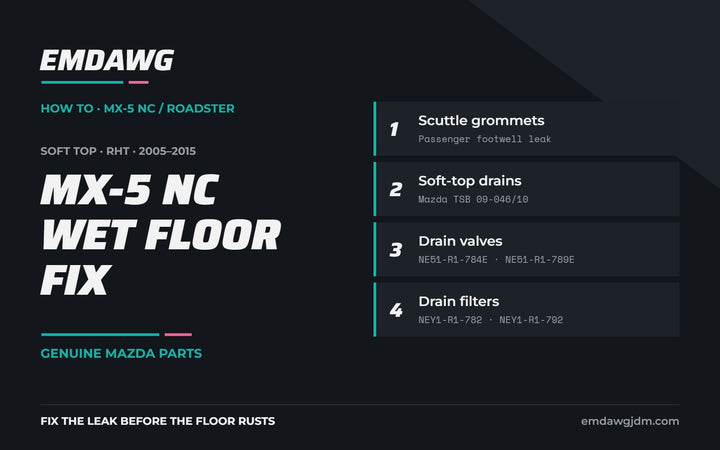 MX-5 NC wet floor fix: scuttle grommets, soft-top drains and genuine Mazda drain valves and filters