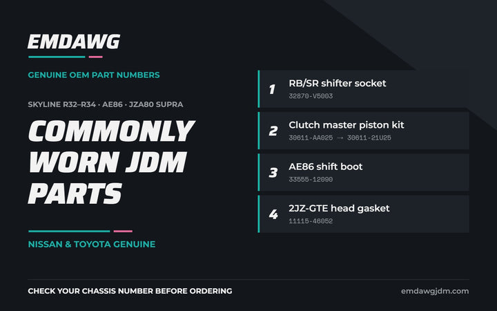 Commonly worn Skyline R32-R34, AE86 and JZA80 Supra parts with genuine Nissan and Toyota part numbers