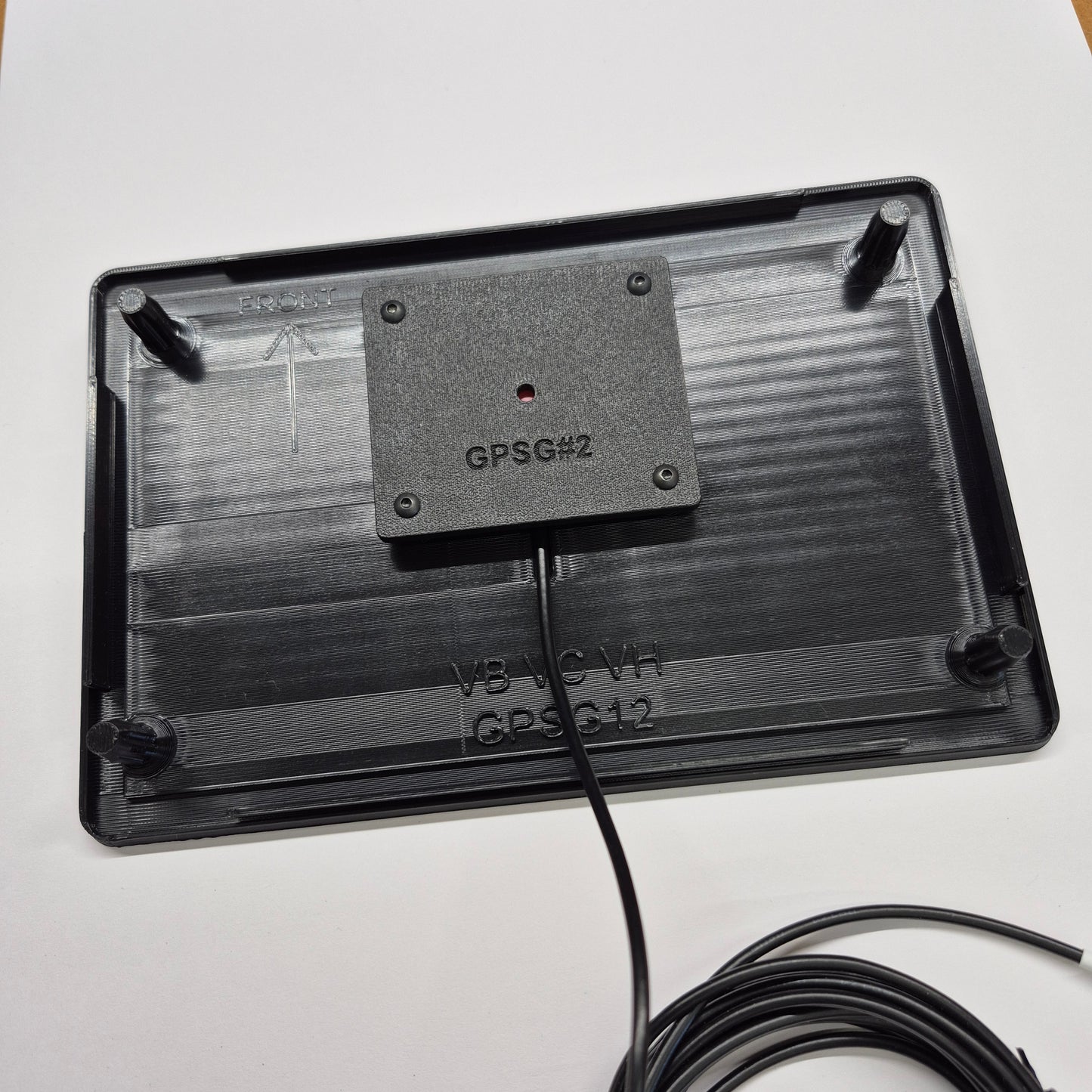 Black electronic device with GPS module on a white background