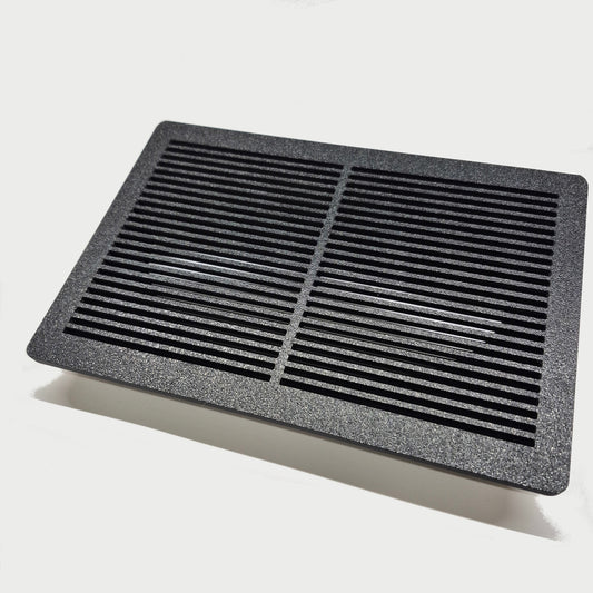 Rectangular black air filter on a white background