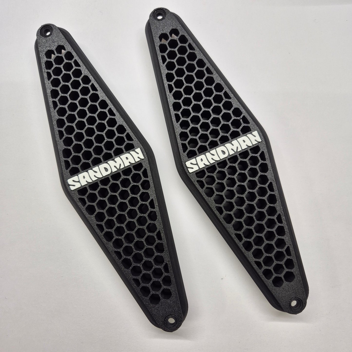 Two black honeycomb-patterned protective guards with the brand name 'SANDMAN' printed in white, displayed on a light gray background.