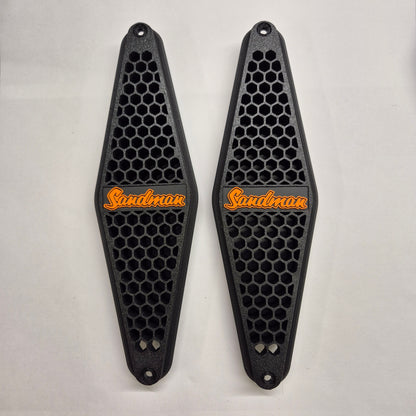 HQ–HJ Holden panel van and ute Sandman style side vents, pair with orange Sandman script on black honeycomb mesh