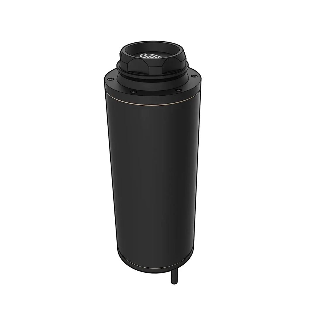 Black cylindrical object with a hexagonal top on a white background
