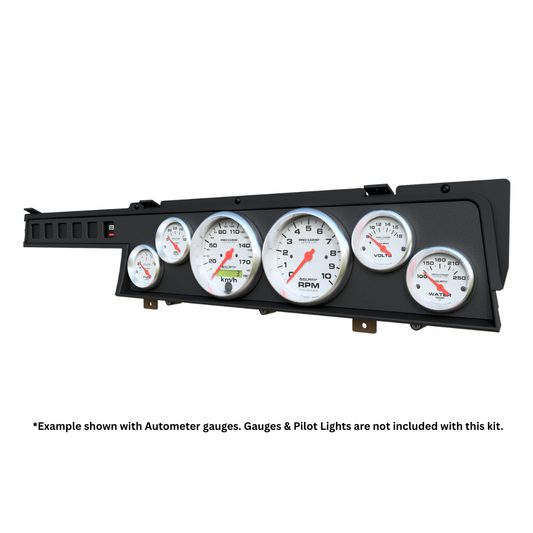 Car dashboard gauge cluster with five round gauges on a white background