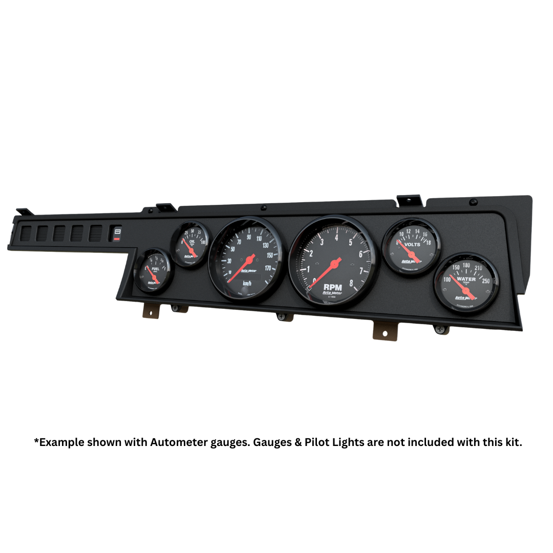Black dashboard gauge cluster with five gauges on a white background