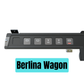 Car dashboard panel with control buttons and 'Berlina Wagon' label on a white background
