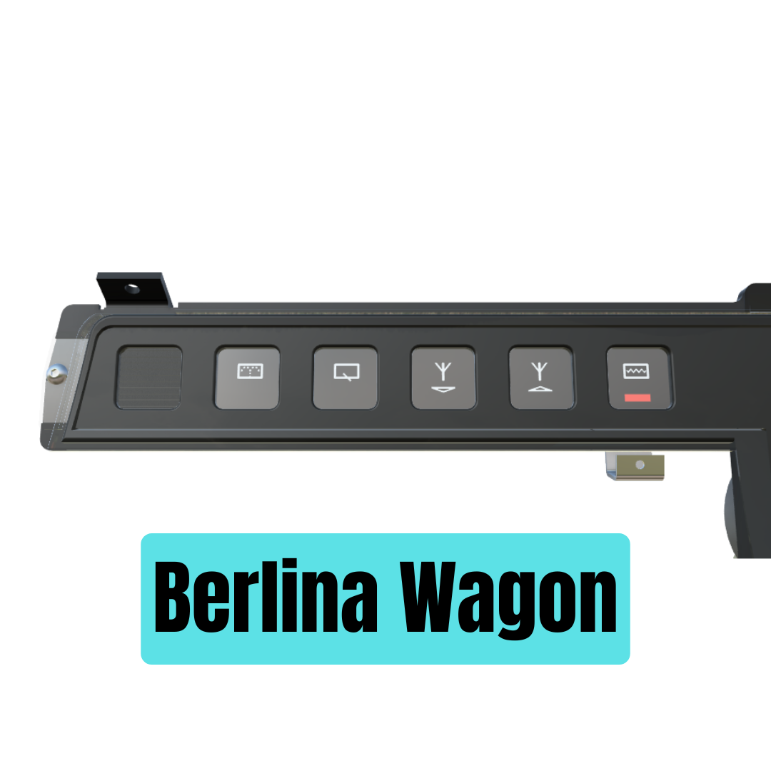 Car dashboard panel with control buttons and 'Berlina Wagon' label on a white background