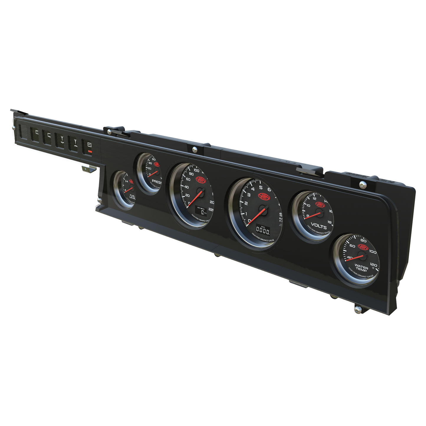 Black dashboard gauge cluster with multiple gauges on a white background
