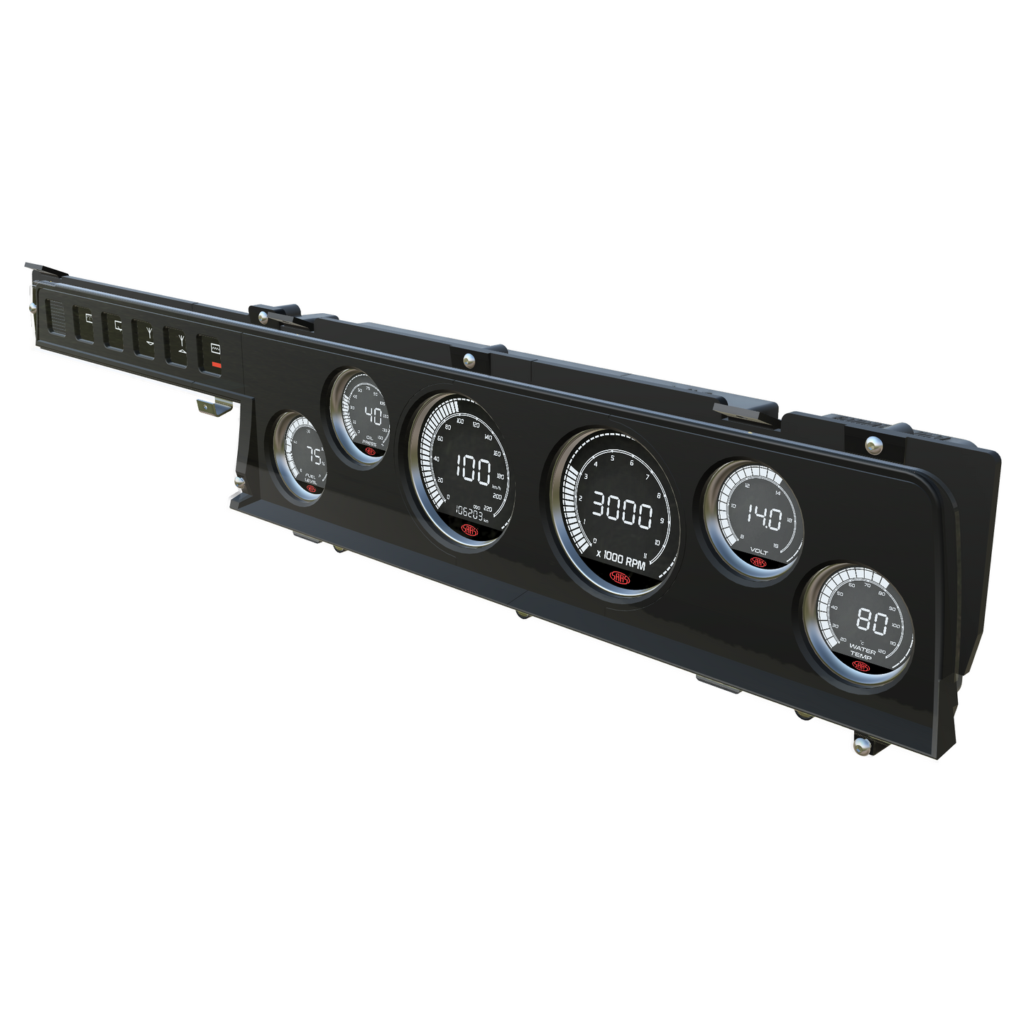 Black dashboard gauge cluster with multiple gauges on a white background