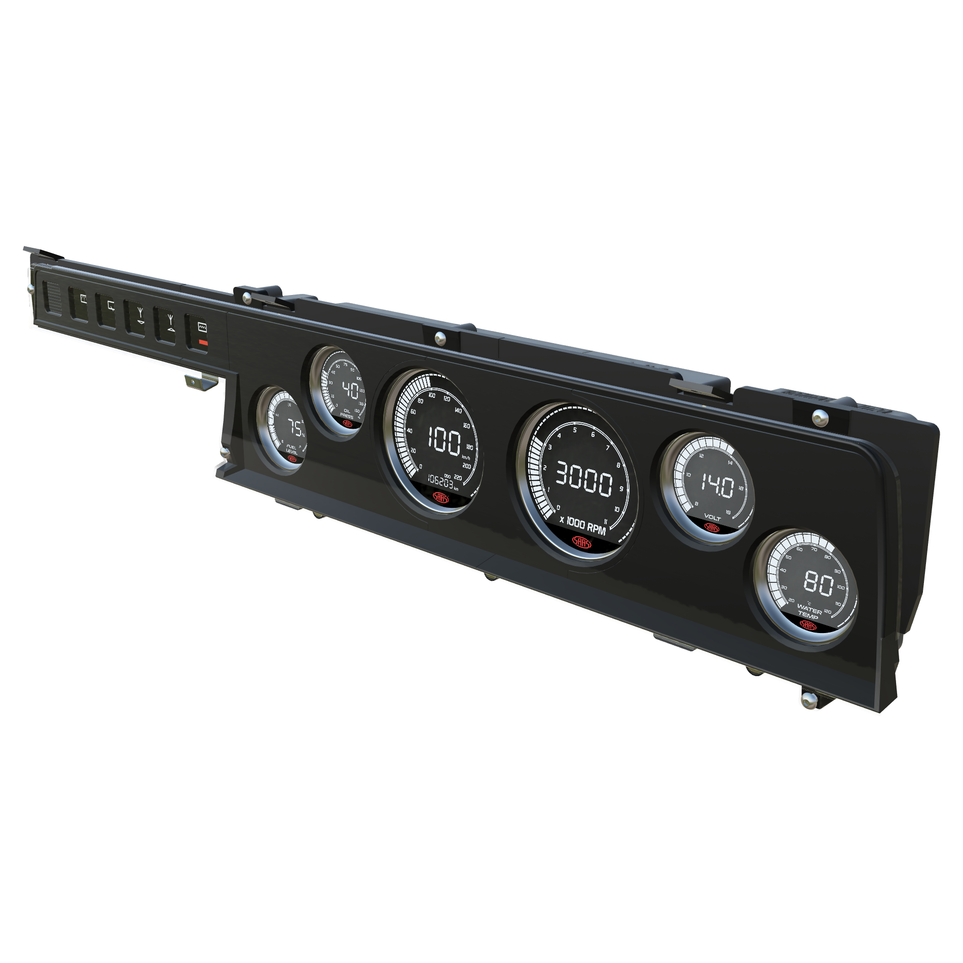 Black dashboard gauge cluster with multiple gauges on a white background