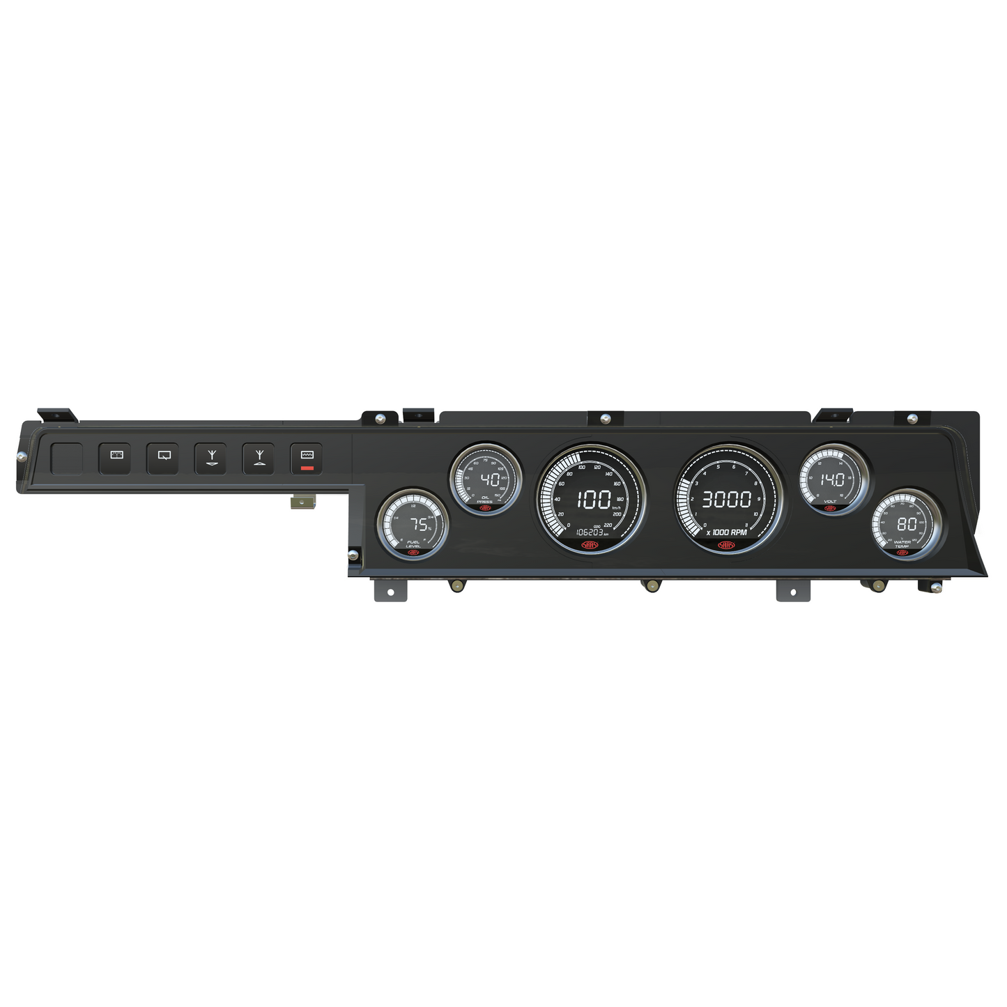 Car dashboard panel with gauges and switches on a white background
