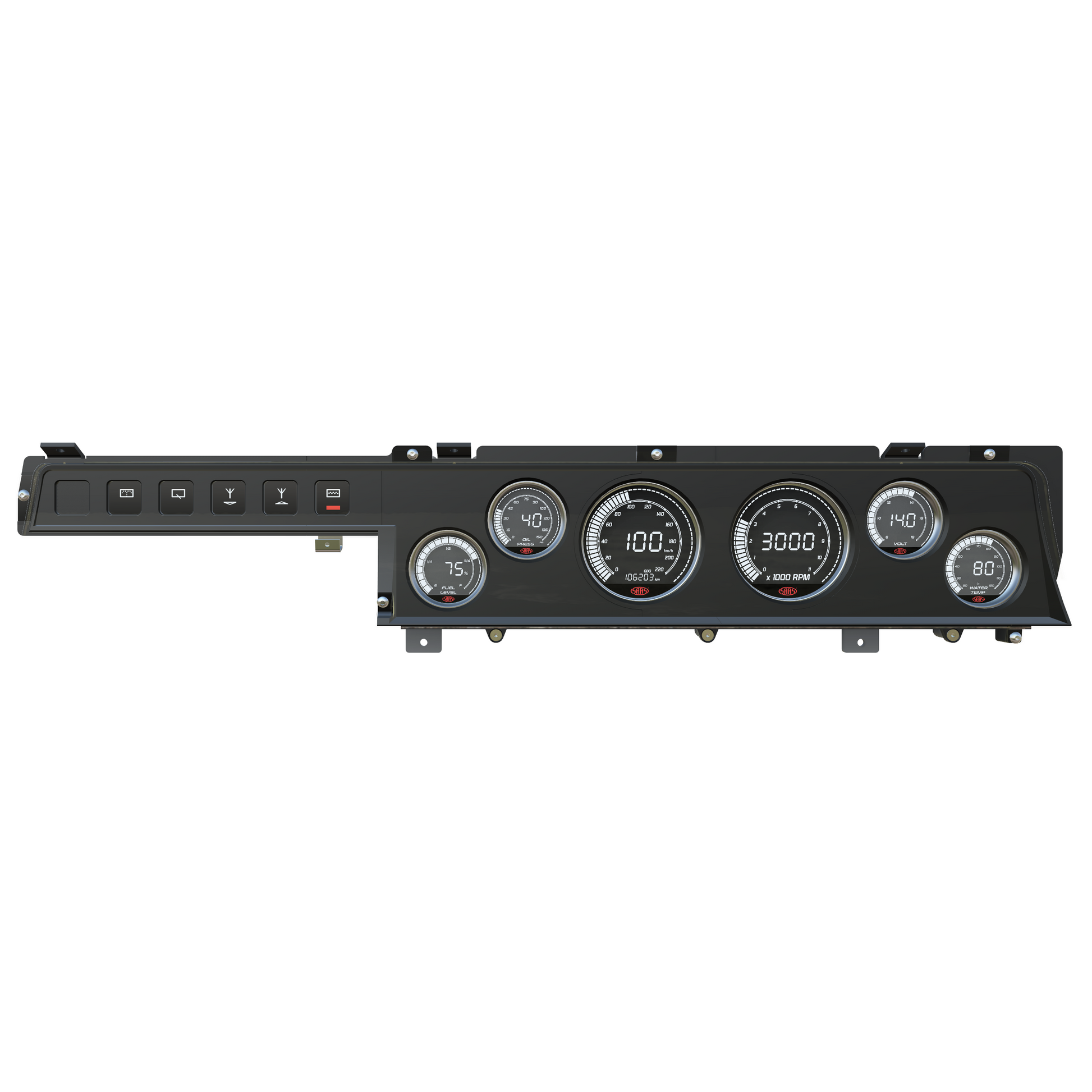 Car dashboard panel with gauges and switches on a white background