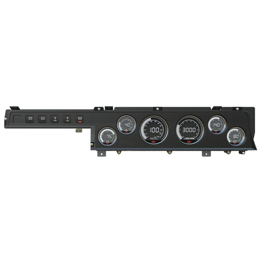 Car dashboard panel with gauges and switches on a white background