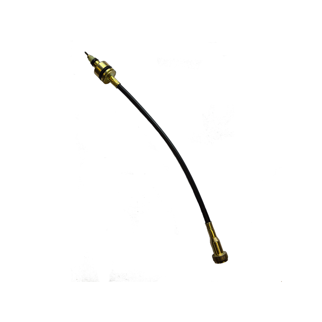 A curved black cable with brass metal connectors on both ends, shown against a plain white background.
