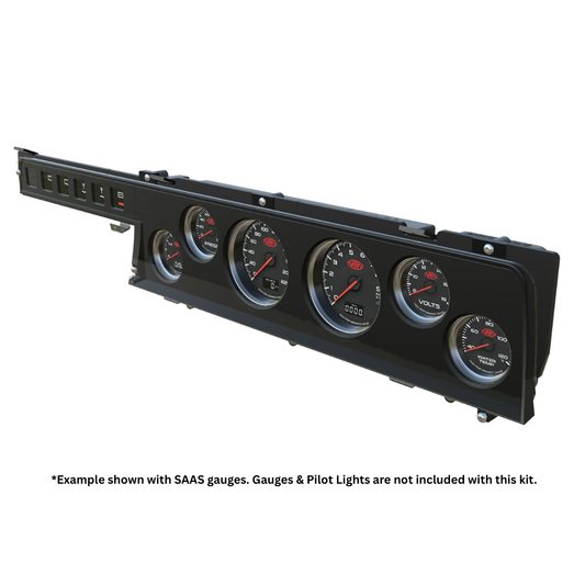 Black dashboard panel with gauges on a white background
