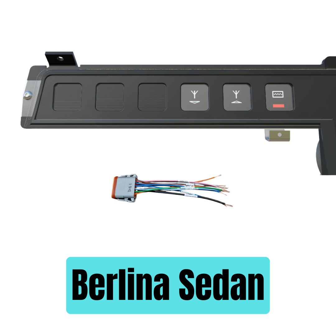 Car dashboard panel with buttons and wiring harness on a white background, labeled 'Berlina Sedan'.