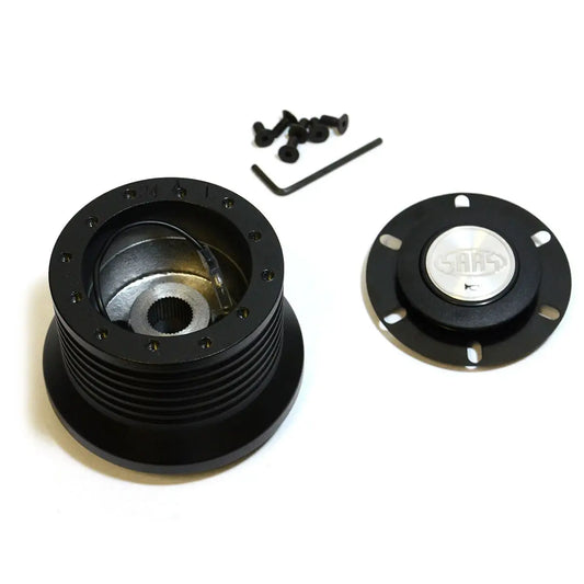 Black pulley system with screws on a white background