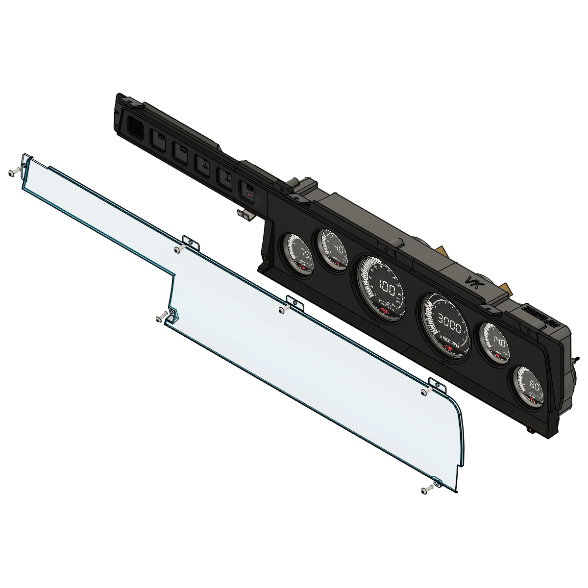 Car dashboard with digital display and various gauges on a white background