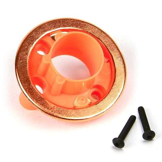 Orange metal wheel hub with gold rim and screws on a white background