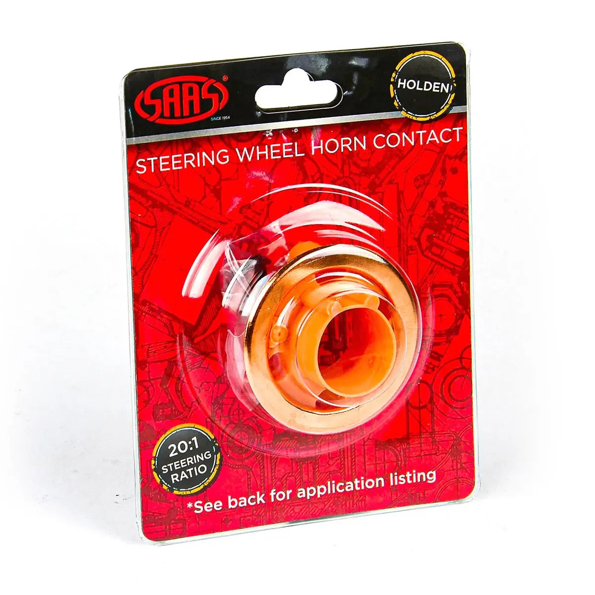 SAAS steering wheel horn contact in red packaging with visible brand logo.