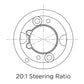 Technical drawing of a steering ratio mechanism with labeled '20:1 Steering Ratio'.