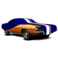 Car cover with blue and orange design on a white background