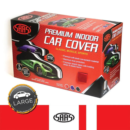 SAARS Premium Indoor Car Cover packaging on a white background