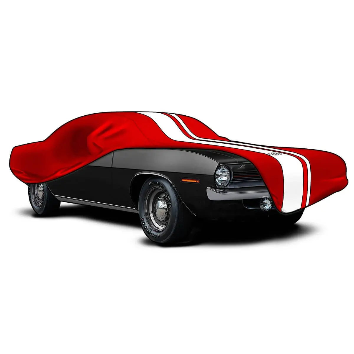 Car cover with a red and black design on a white background