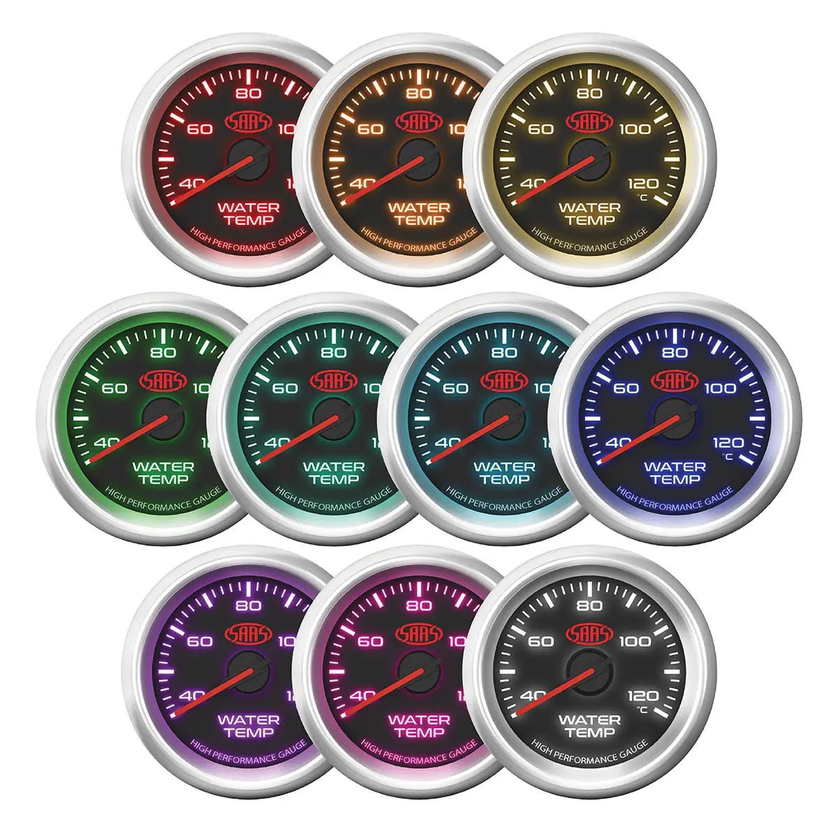 SAAS Muscle Series 3 52mm water temp gauge with 40–120°C range and LED backlighting.