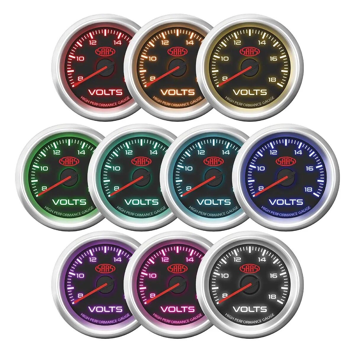 SAAS Volt Gauge showing 10 LED backlight colour options for custom in-dash setups.