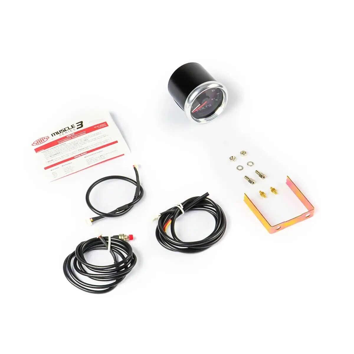SAAS Volt Gauge kit including bracket, wiring loom, and mounting hardware.