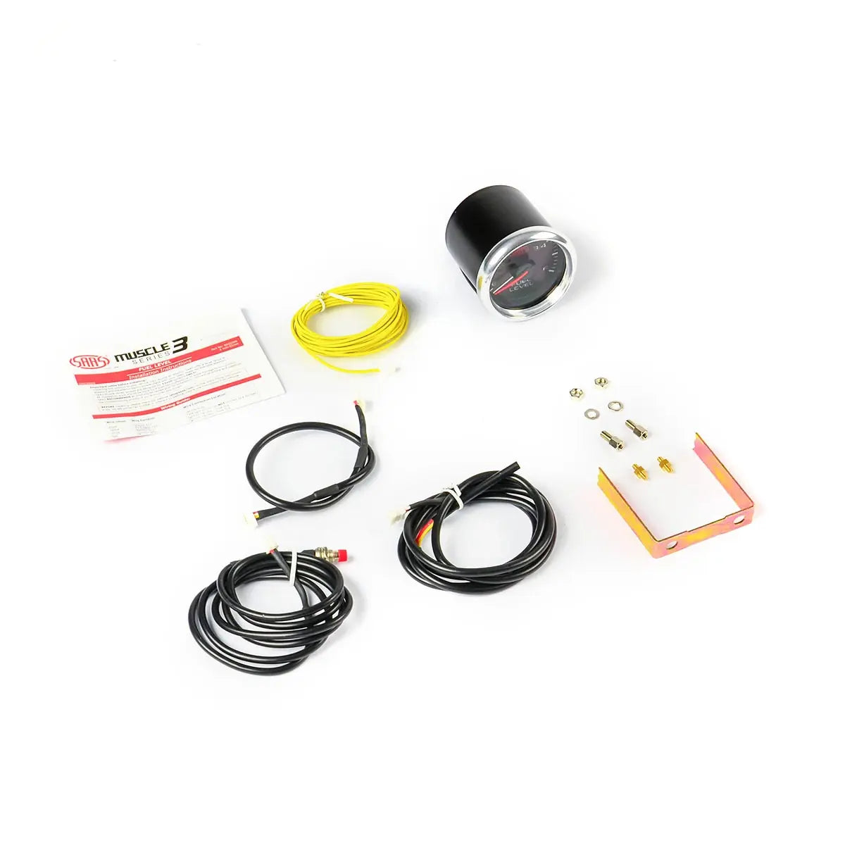 SAAS Muscle Series 3 fuel level gauge kit contents including gauge, bracket, wiring loom, and hardware.