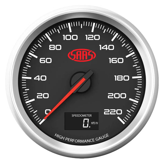 Speedometer gauge with red needle pointing to 0 km/h on a white background
