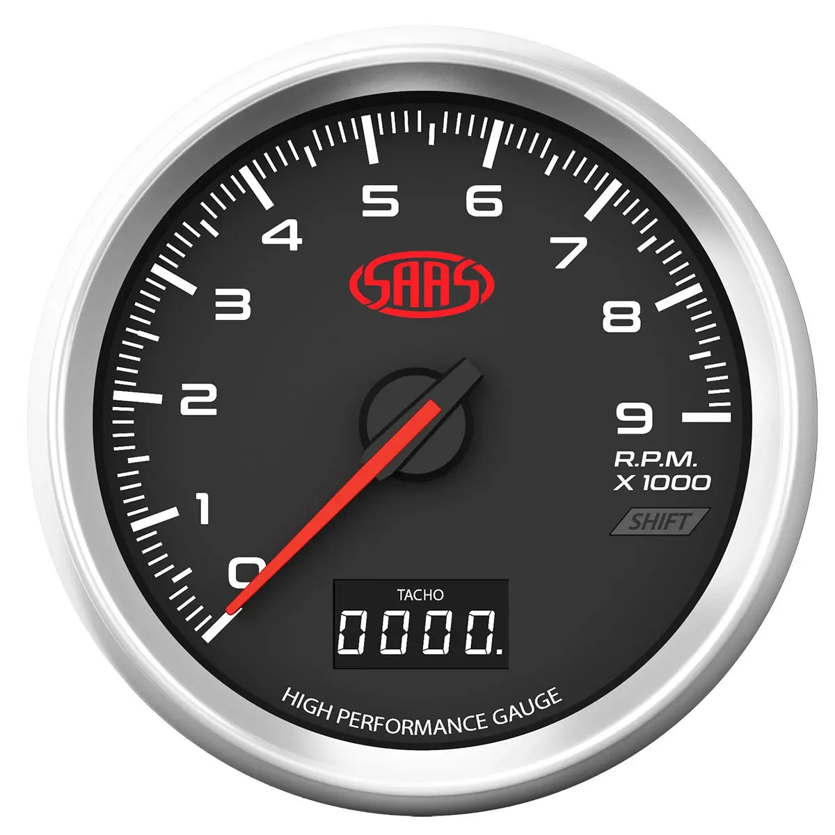 Black SAAS Muscle Series 3 tachometer, 80mm body with shift light, 10-colour LED lighting, and 0–9000 RPM gauge for performance vehicles.