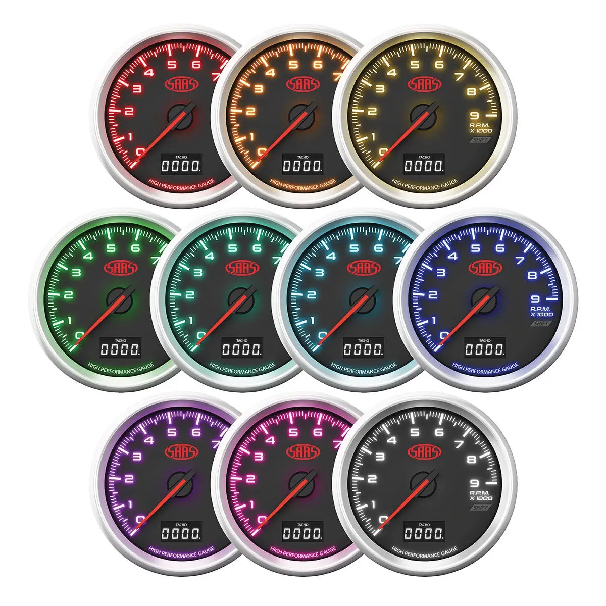 SAAS 80mm in-dash tachometer with shift light, OLED display, and 0–9000 RPM range for petrol engines.