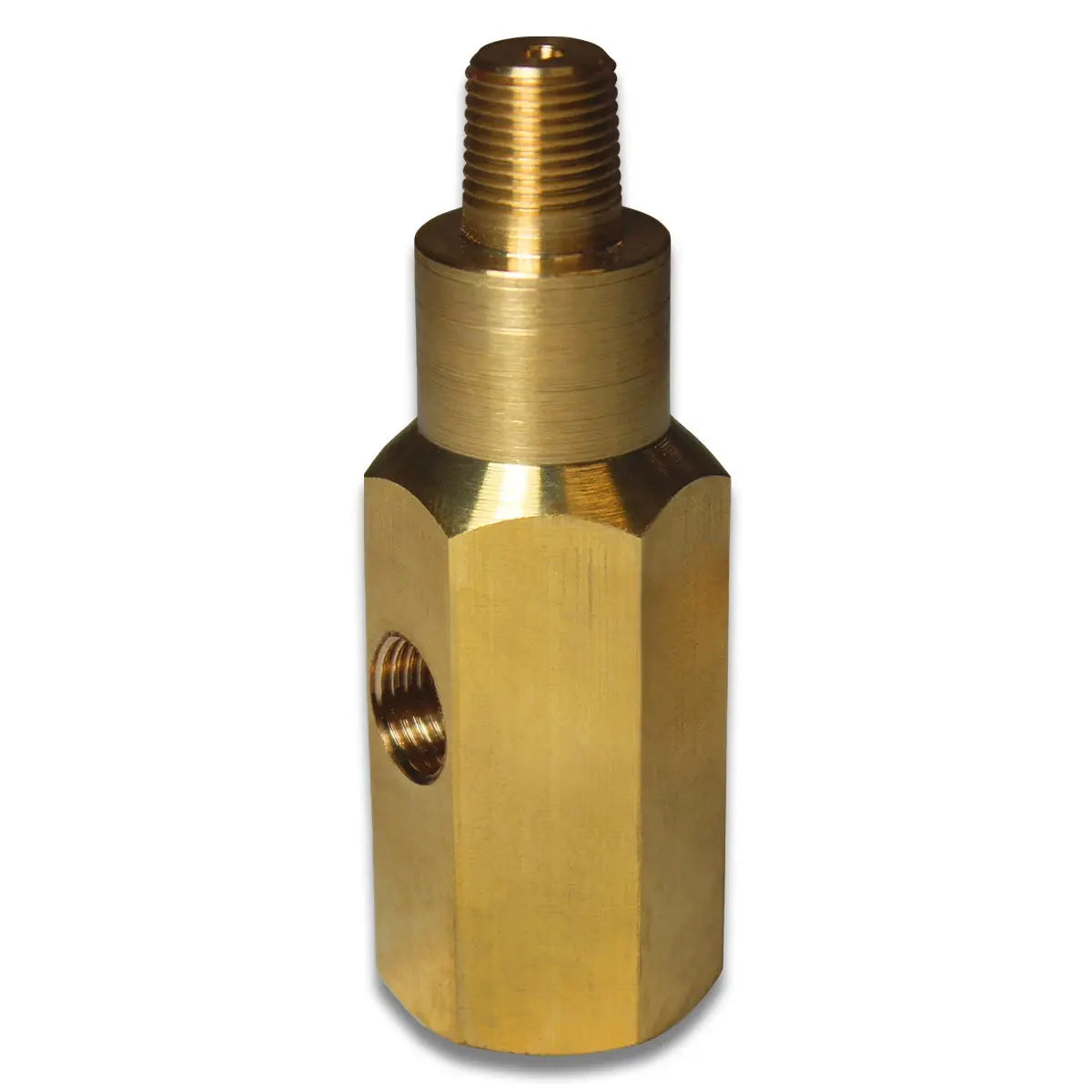 Brass fitting with threaded ends on a white background