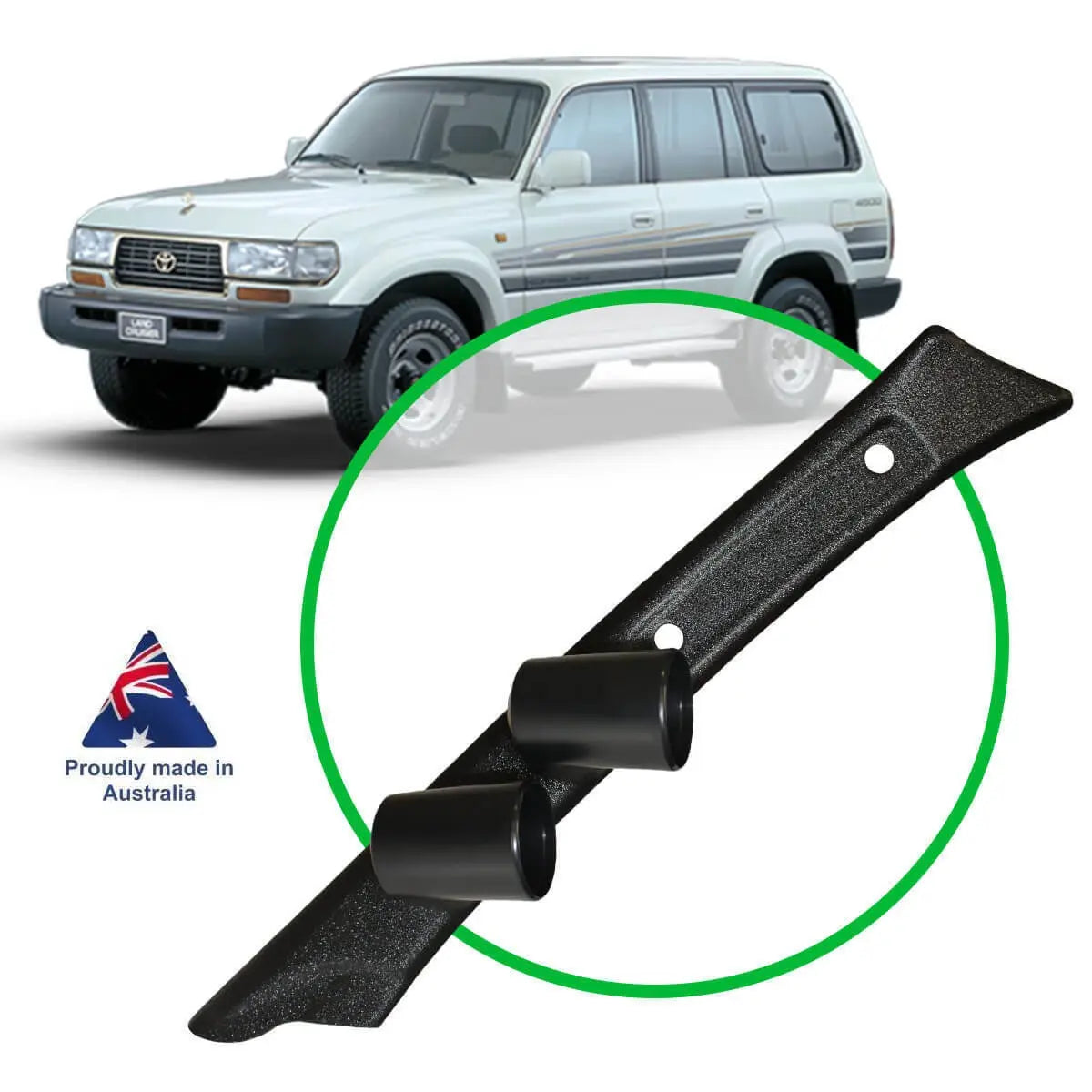 Black metal strap with green circle and white SUV in background, Australian made logo.