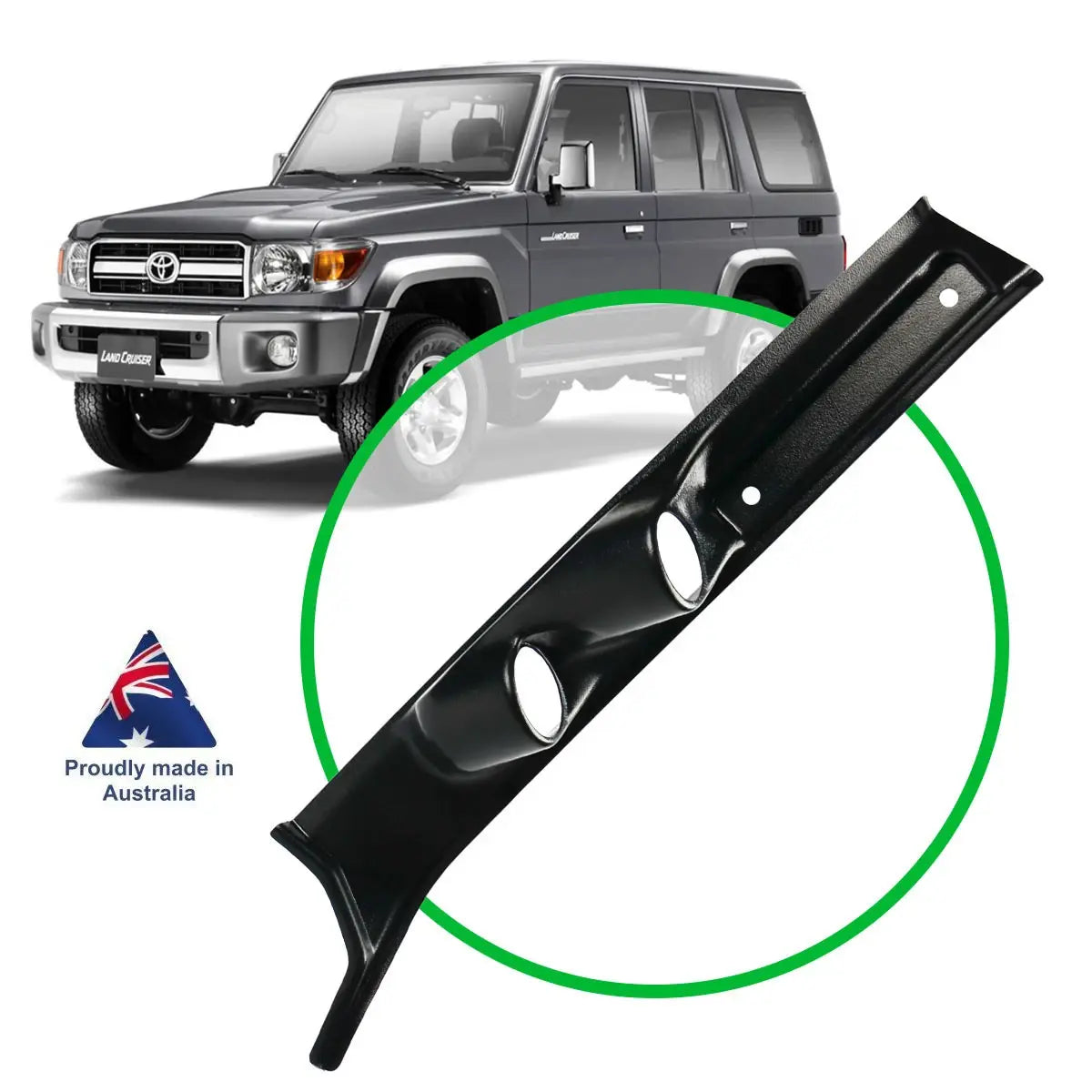 Black car grille with Toyota Land Cruiser in the background, featuring a 'Proudly made in Australia' badge.