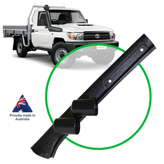 Black metal bar with green circle and white truck in background, proudly made in Australia logo.