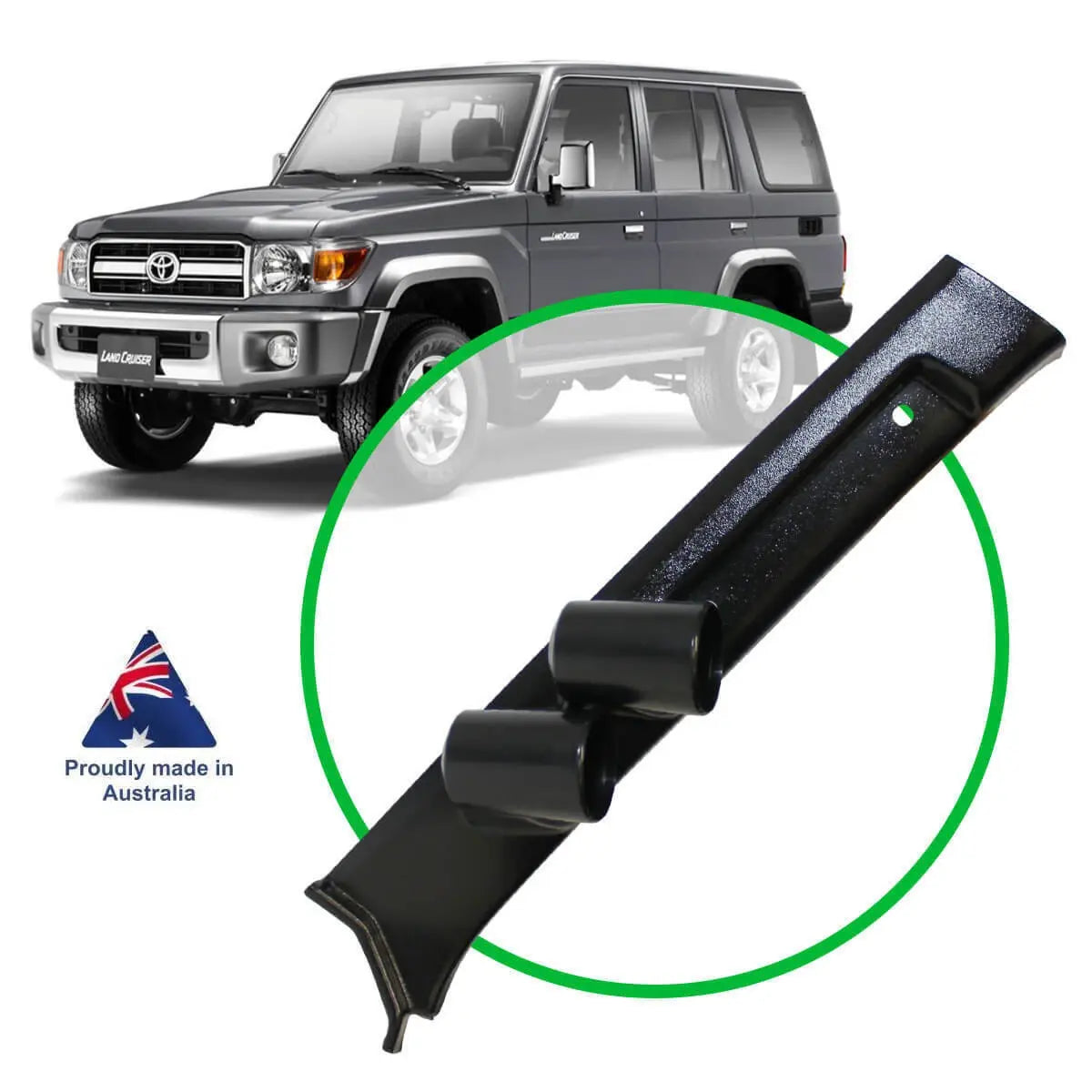 Black car grille guard with Toyota Land Cruiser in the background, proudly made in Australia.