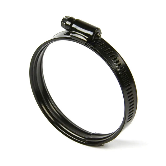 Black hose clamp on a white background