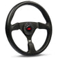 Black steering wheel with a red and black center logo on a white background