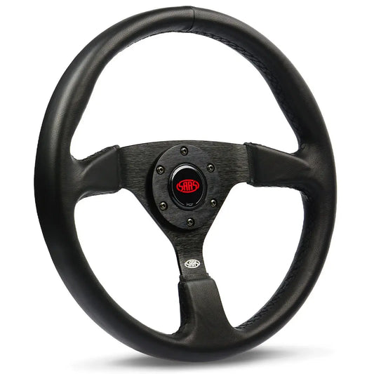 Black steering wheel with a red and black center logo on a white background