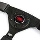 Black leather belt with a central circular buckle featuring a red logo on a white background