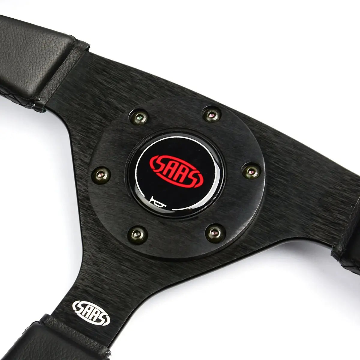 Black leather belt with a central circular buckle featuring a red logo on a white background