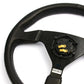 Black steering wheel with gold accents on a white background
