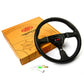 Black steering wheel with SAAS logo on a white background