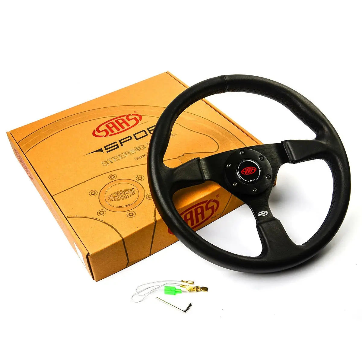 Black steering wheel with SAAS logo on a white background