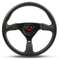 Black steering wheel with a red center logo on a white background